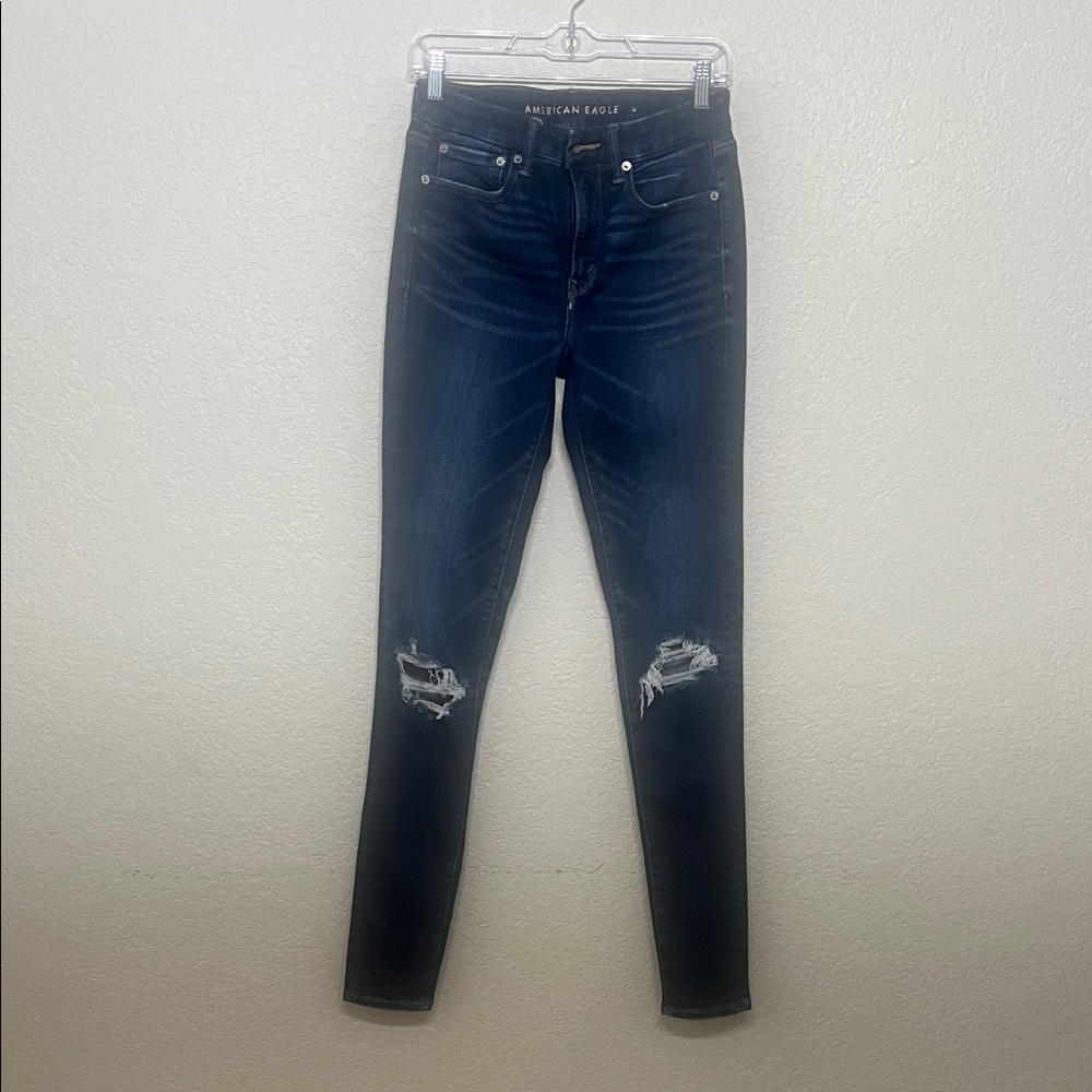 American Eagle Outfitters Women's Dark Blue X-Long Distressed Skinny Jeans